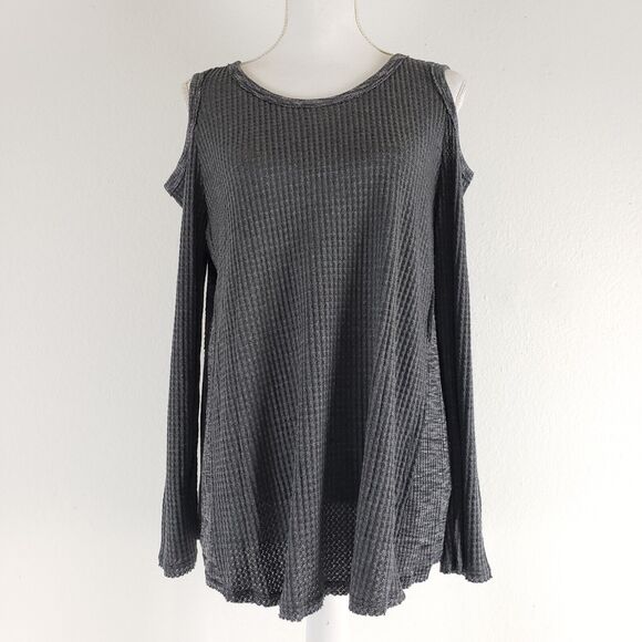 NEW!! Paper Crane SIZE L Gray Cold Shoulder Boho Long Sleeve Blouse Top Waffle - Picture 2 of 12